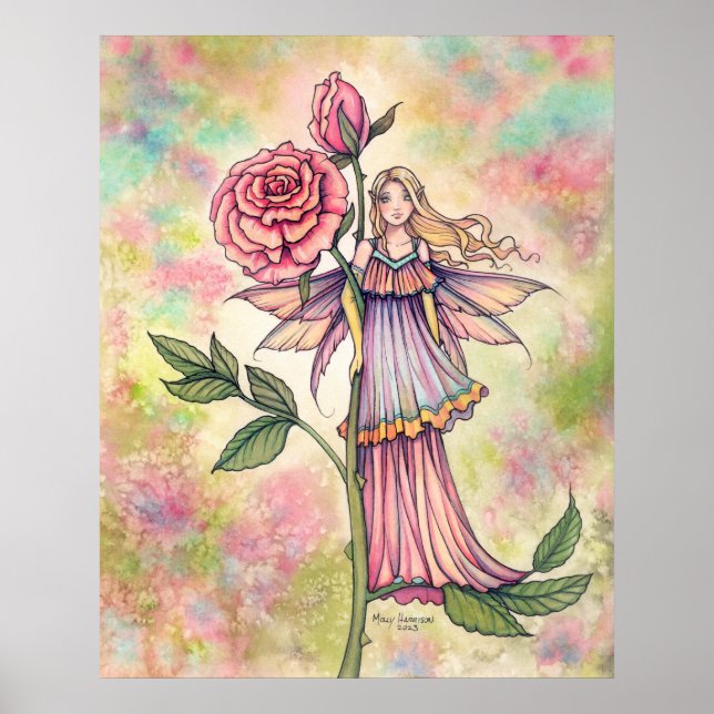 Blåsning av Ro Fairy med Rosa ros Art Poster (Framsidan)