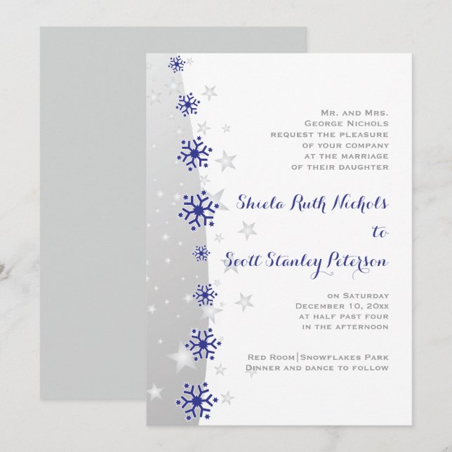 Blåsnowflinginbjudan till bröllop i grått och silv inbjudningar (Fram/baksida)