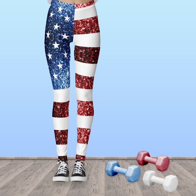 Blåsparkler i USA flagga glitter Leggings (Get ready for 4th of July party with our trendy USA flag red and blue sparkles glitters Leggings!)