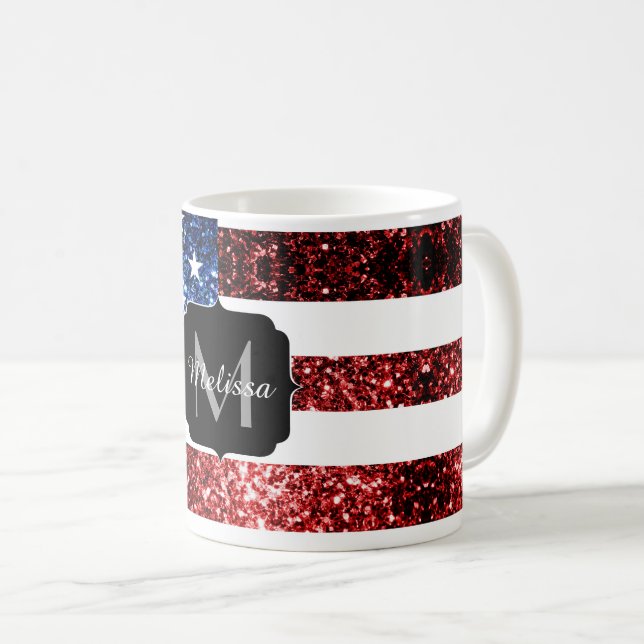 Blåsparkler i USA flagga glitter Monogram Kaffemugg (Framsida höger)