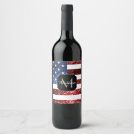 Blåsparkler i USA flagga glitter Monogram Vinflaska Etikett
