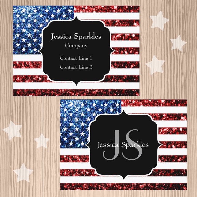 Blåsparkler i USA flagga glitter Monogram Visitkort (Customize patriotic USA flag red and blue faux sparkles glitters print Monogram Business Card)