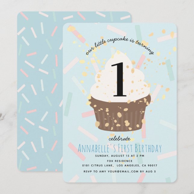 BlåSprinkles Cuptårta Birthday-inbjudan Inbjudningar (Fram/baksida)