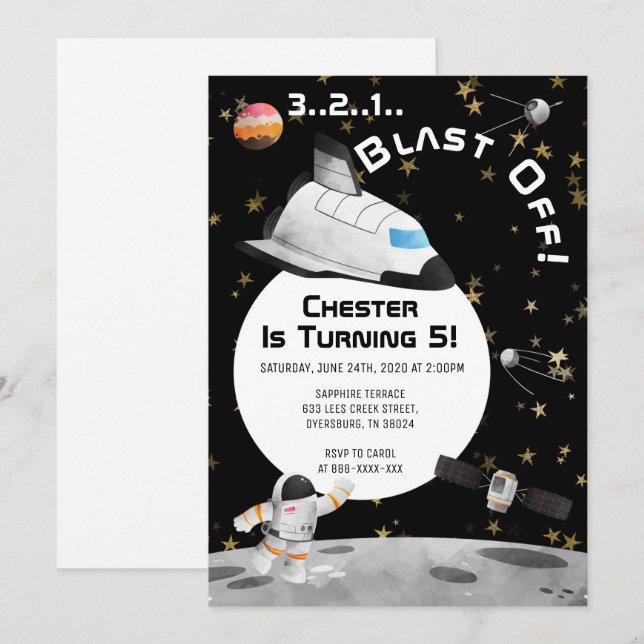 Blast av Astronaut Birthday Space Birthday Inbjudningar (Fram/baksida)