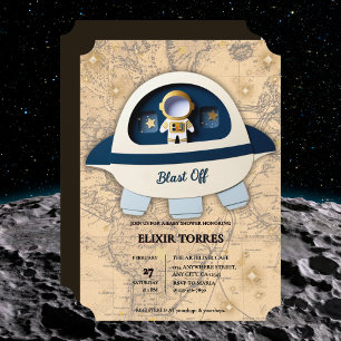 Blast Av! Den moderna Vintagen Astronaut Baby Show Inbjudningar