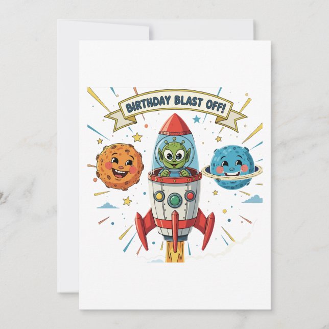Blast av födelsedagen! Cute Alien in Rocket Frakt Inbjudningar (Framsida)