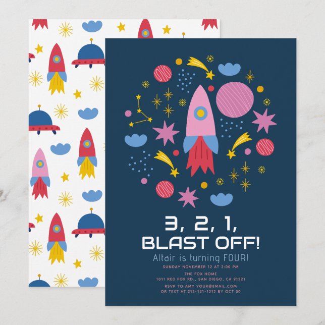 Blast Av! Rymden Rocket Boy Birthday Inbjudningar (Fram/baksida)