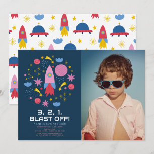 Blast Av! Rymden Rocket Boy Birthday Photo Inbjudningar