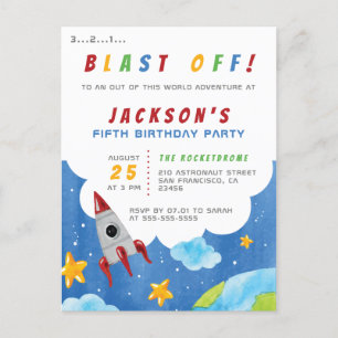 Blast Av! Rymden Rocket Födelsedagsfest Inbjudan Vykort