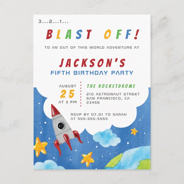 Blast Av! | Rymden Rocket Födelsedagsfest Inbjudan Vykort (Framsida)