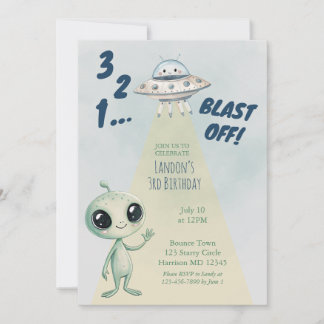 Blast Off Alien Boys Third Birthday Inbjudningar