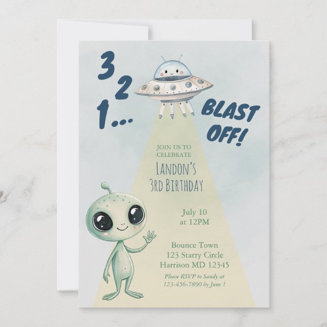 Blast Off Alien Pojkar Tredje Födelsedagen Inbjudningar (Framsida)