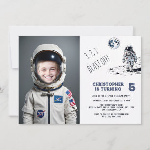 Blast off Astronaut Costume Photo Birthday Inbjudningar