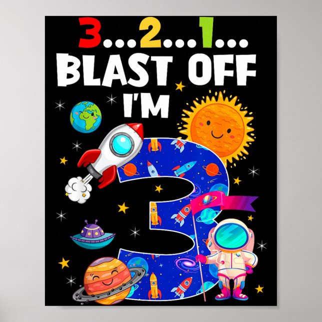 Blast Off I'm 3 Years Old 3rd Birthday Spaceship A Poster (Framsidan)