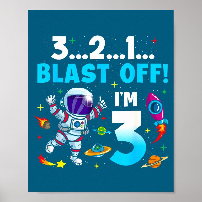 Blast Off I'm 3 Years Old 3rd Birthday Spaceship A Poster (Framsidan)