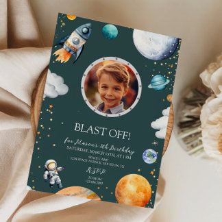 Blast Off Photo Space Theme Kids Birthday Party Inbjudningar