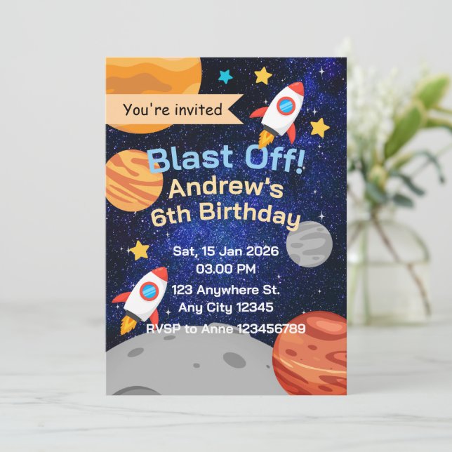 Blast Off Rocket Space Birthday for Boys Inbjudningar (Stående Fram)