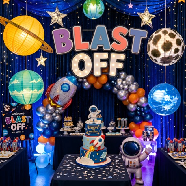 Blast Off Rymd Födelsedagsinbjudan för Pojkar Inbjudningar (Blast Off Space Party Decor Ideas)