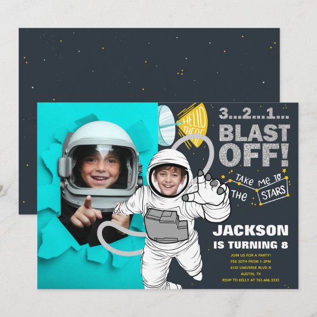 Blast off Rymden Astronaut Photo Birthday Inbjudningar (Fram/baksida)