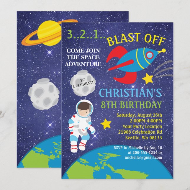 Blast Off Rymden Birthday bjudande Inbjudningar (Fram/baksida)