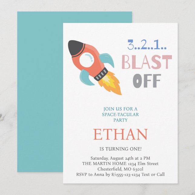 Blast Off! Rymdraket Födelsedag Inbjudningar (Fram/baksida)