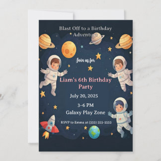 Blast Off Space Adventure Kids 6th Birthday Party Inbjudningar