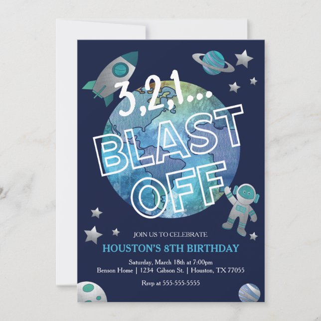 Blast Off Space Birthday-inbjudan Inbjudningar (Framsida)