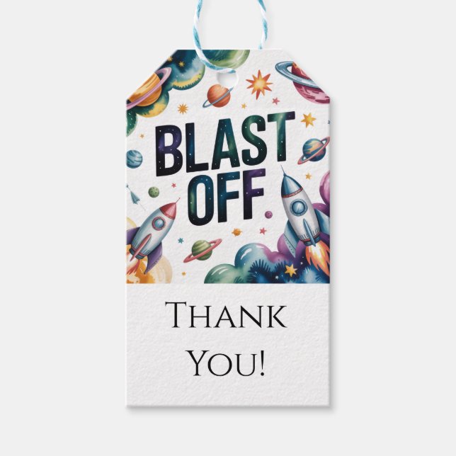 Blast Off Space Boy Astronaut Födelsedagsfest Presentetikett (Framsidan)