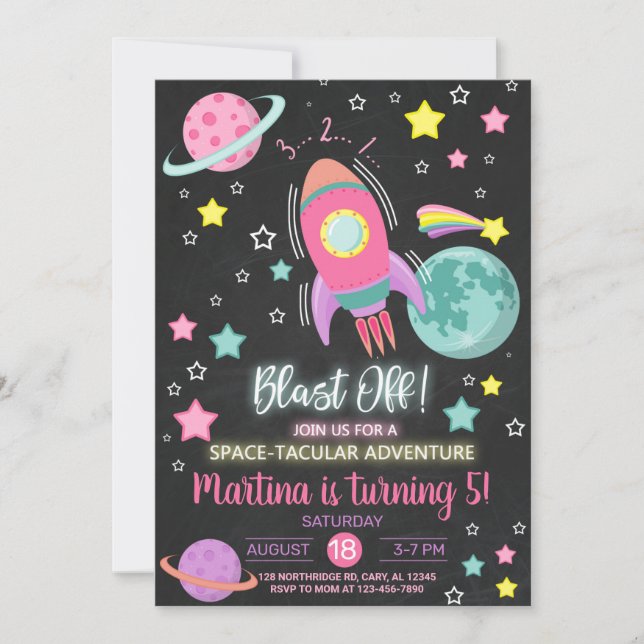 Blast off, space-tacular girl birthday invitation. inbjudningar (Framsida)