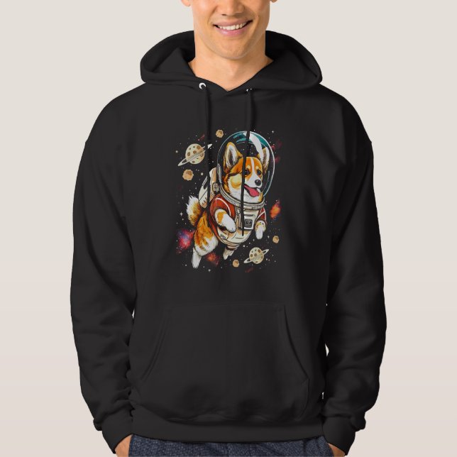 Blast Off with a Dog in Space  Cute Pembroke Welsh Hoodie (Framsida)