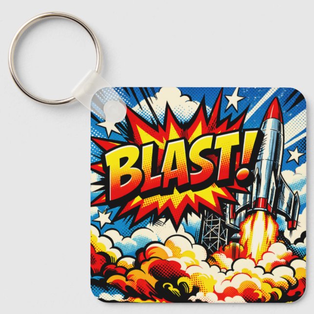 BLAST! Retro Pop Art Raketexplosion Nyckelring (Framsida)