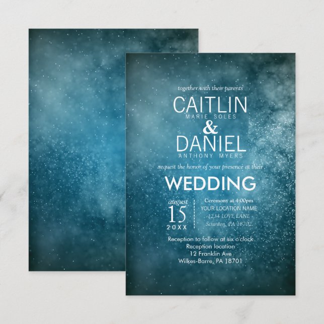 Blåstartsbjudande - nattlig, formell bröllopsinbju inbjudningar (Fram/baksida)