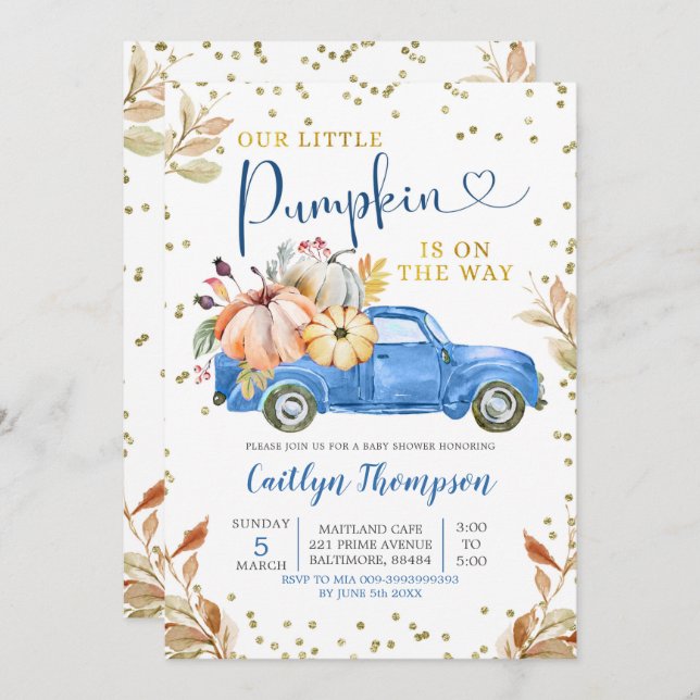 Blåstickad inbjudan till babyskor för Lastbil i (Fram/baksida)