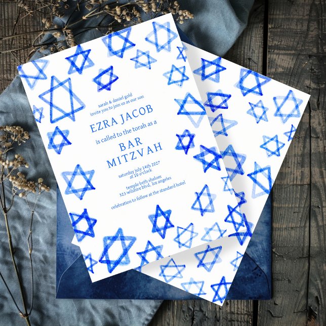 Blåstjärna för Coola av vattenfärg Bat mitzvah av  Inbjudningar (Watercolor Cool Blue messy Star of David Pattern Bnai Bar Bat Mitzvah Custom  Invitation evite 
)