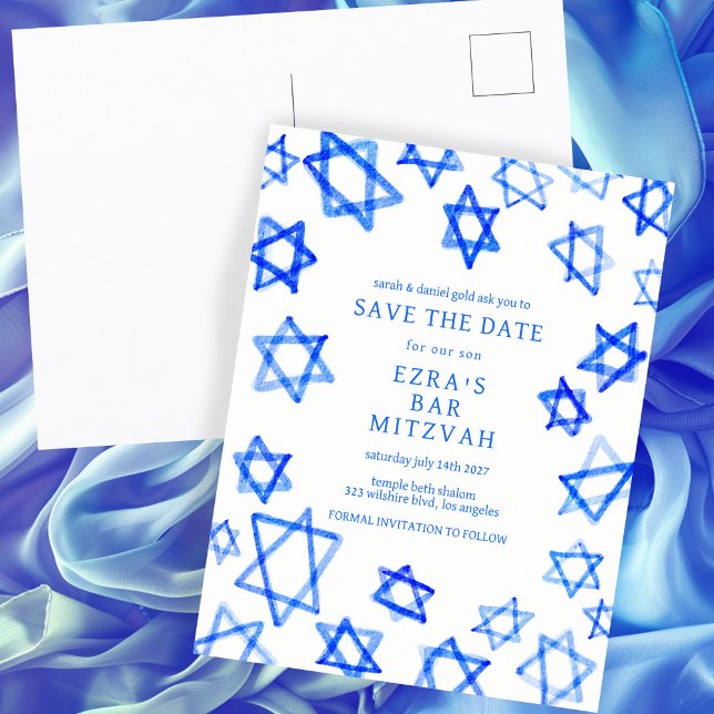 Blåstjärna för Coola av vattenfärg Bat mitzvah av  Meddelande Vykort (Watercolor Cool Blue Star of David Bar Bat Mitzvah Save the Date Announcement Postcard
)