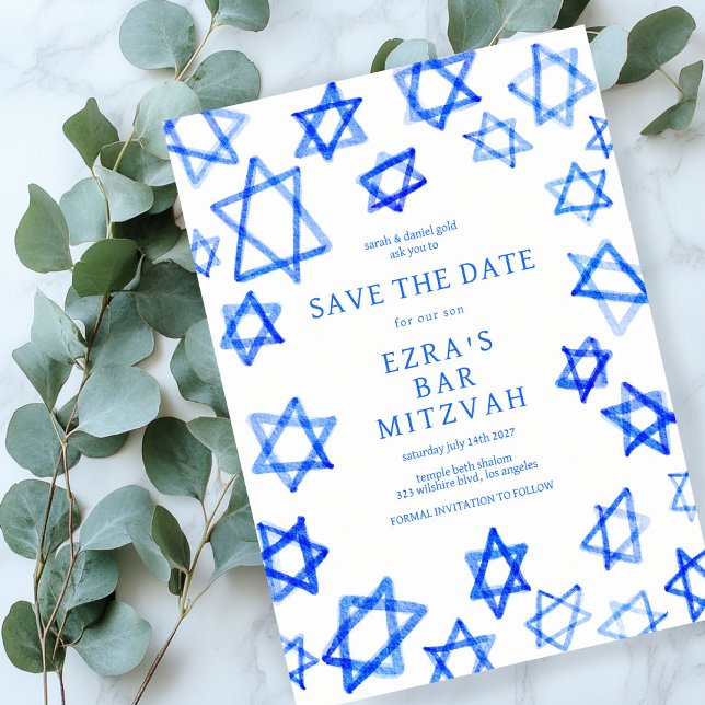 Blåstjärna för Coola av vattenfärg Bat mitzvah av  Spara Datumet (Watercolor Cool Blue Star of David Bar Bat Mitzvah Save The Date
)