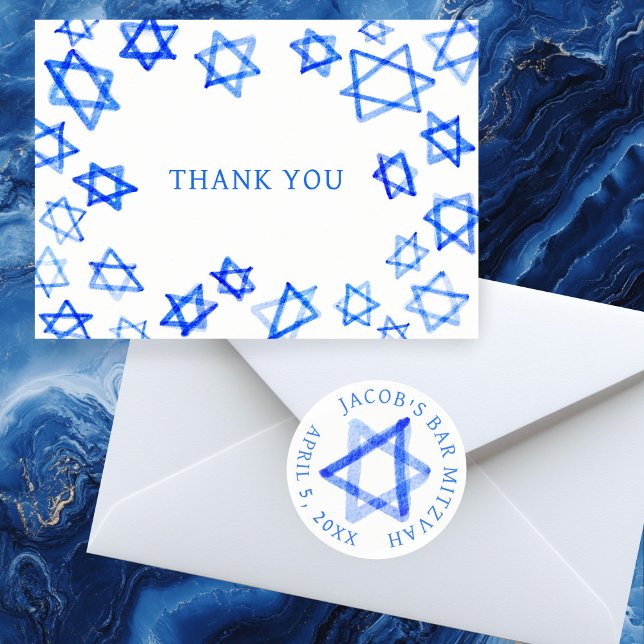 Blåstjärna för Roligt av vattenfärg Bat mitzvah av Tack Kort (Watercolor Fun Blue Star of David Bar Bat Mitzvah Thank You Card
)