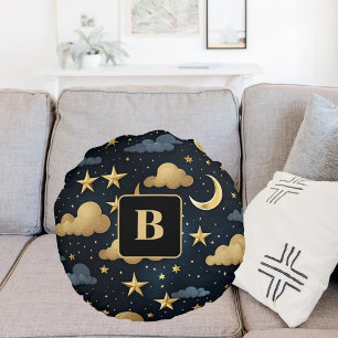 Blåstjärnorna mönster måne i guld, stjärnor, monog rund kudde