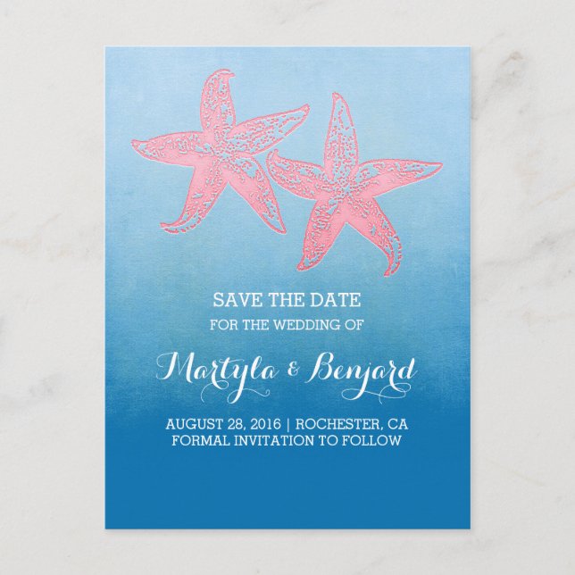 Blåstjärtsblått par av korall spara datumet meddelande vykort (Framsida)