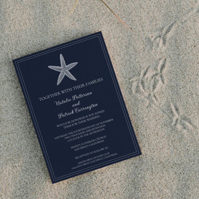 Blåstjärtsbröllopsinbjudan till marinblått företag inbjudningar (Navy Blue Starfish Wedding Invitation)