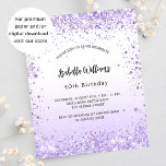 Blåstödsinbjudan till lavender<br><div class="desc">För en elegant 40:e (eller någon ålder) födelsedagsfest. En vit och violett övertoningsbakgrund för chic. Dekorerad med violett faux glitter,  gnistor. Anpassa och lägg till information om namn och party. Namn är skrivet med ett handskript i stil. 1 lakan = 1 inbjudan tryckt kant till kant.</div>