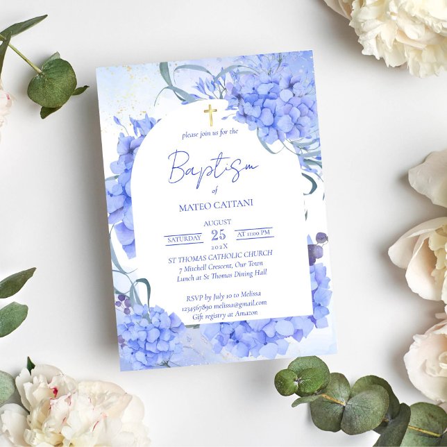 Blåstömningsbaptism vid blommigt av elegant inbjudningar (Baptism christening blue hydrangeas invitation template)