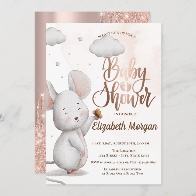 Blåstömningsprogram för cute Mouse Ro Guld Glitter Inbjudningar (Fram/baksida)