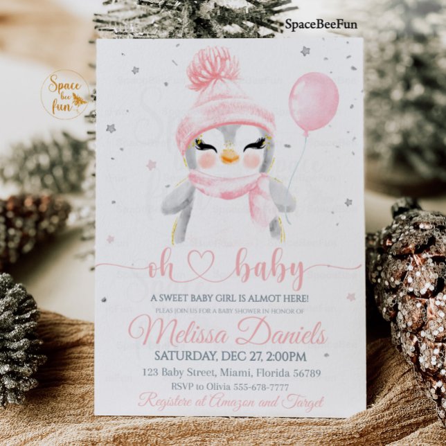 Blåstömningsprogram för vintersnöflingor inbjudningar (Winter Baby Shower Pinguin invitation)
