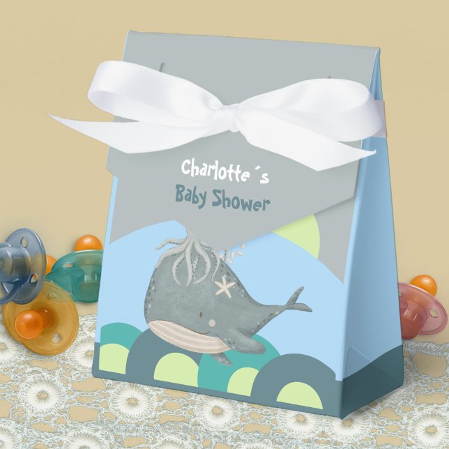 Blåstömningsskuvret för bläckfisk från grinddjur presentaskar (Cute Ocean Animals Whale Squid Blue Baby Shower Favor Boxes ©Susanne Sachers - Sunny Mind Design 🌞)