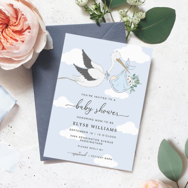 Blåstork, babyvisning, inbjudan (Blue Stork Baby Shower Invitation )
