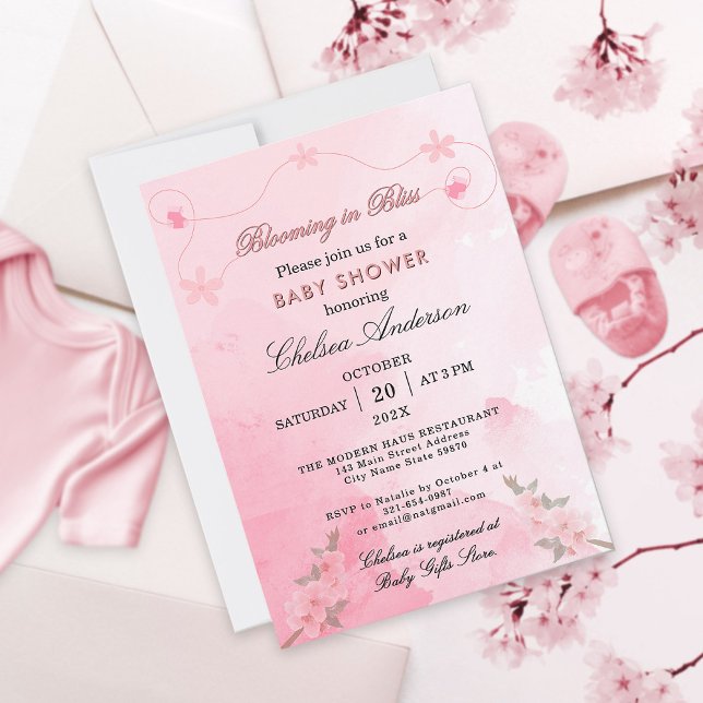 Blåstöt i Bliss Rosa Blommar Girl Baby Shower Inbjudningar (Skapare uppladdad)