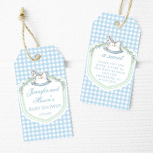 Blåstötande hästgingham-babydusch tack. presentetikett