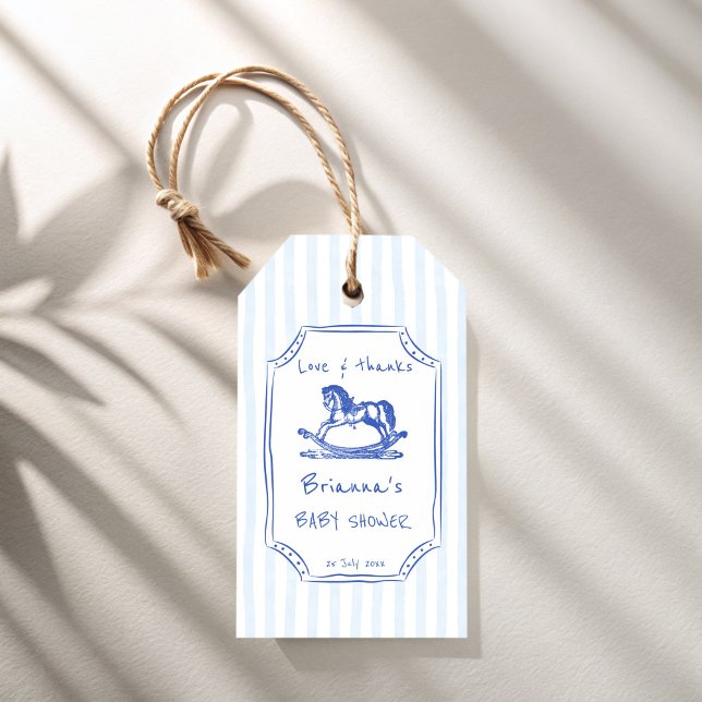 Blåstötande sketch för babydusch presentetikett (Blue rocking handrawn horse sketch baby shower personalized favor gift tags)