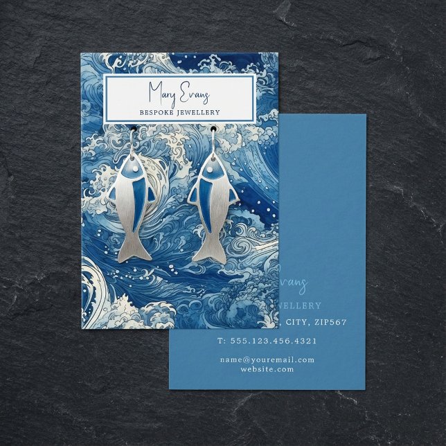 Blåstötande vinkart visning-kort för surring visitkort (Blue crashing waves stud earring display card.)
